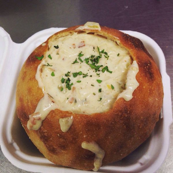 Clam chowder in a bread bowl